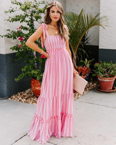 Sleeveless Straps Striped Long Dresses-STYLEGOING