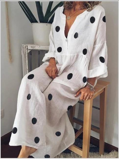 Linen V Neck Dot Print Long Sleeves Dresses-STYLEGOING