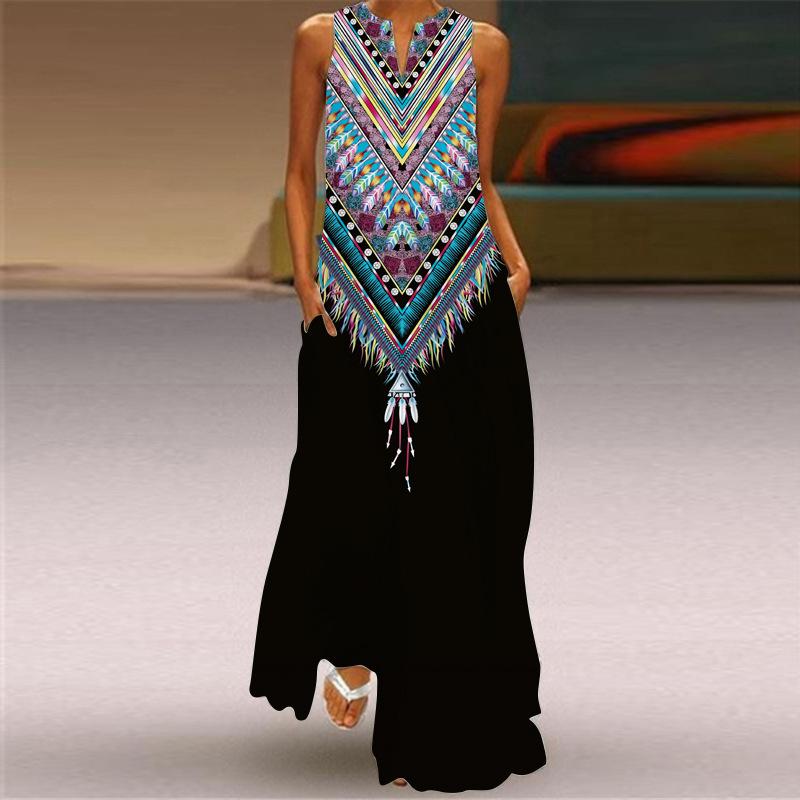 Plus Sizes Print Sleeveless Long Dresses-STYLEGOING