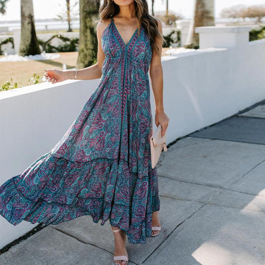 Summer V Neck Long Maxi Dresses-STYLEGOING