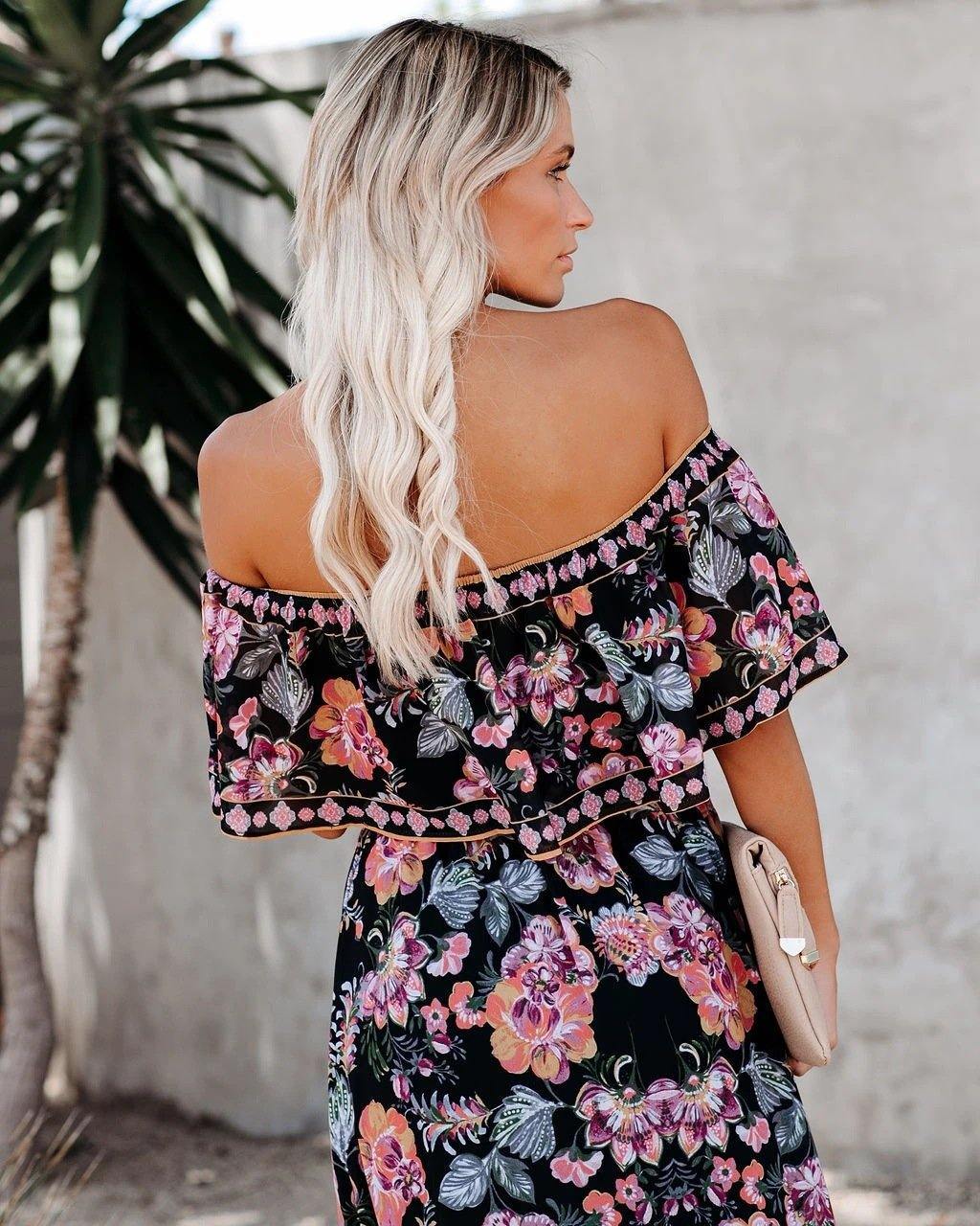 Summer Off The Shoudler Floral Print Long Dresses-STYLEGOING