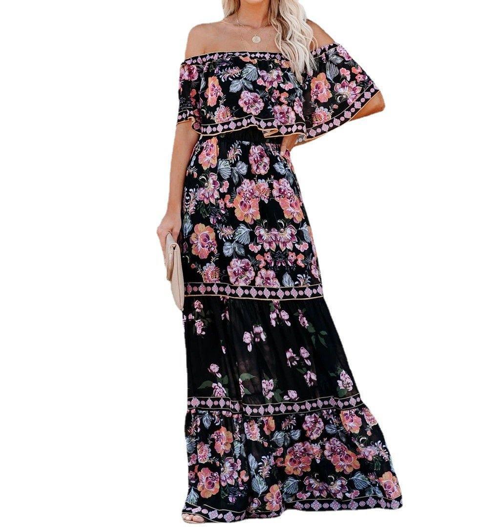 Summer Off The Shoudler Floral Print Long Dresses-STYLEGOING