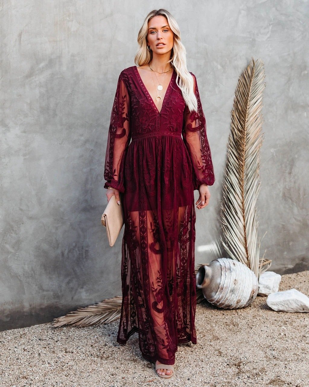 Lace Long Sleeves V Neck Long Dresses-STYLEGOING