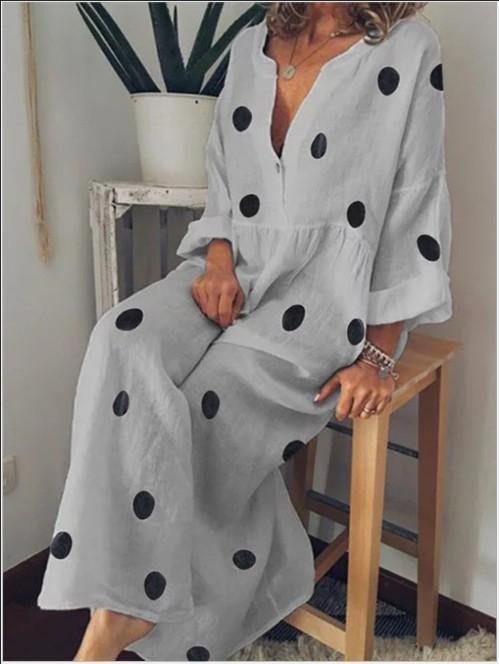 Linen V Neck Dot Print Long Sleeves Dresses-STYLEGOING