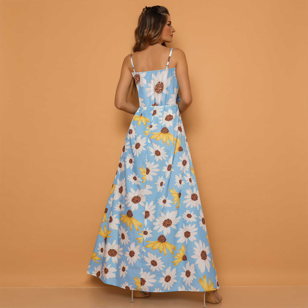 Women Summer High Waist Sunflower Long Maxi Dresses