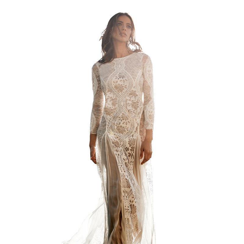 White Sexy Long Sleeves Backless Lace Dresses-STYLEGOING