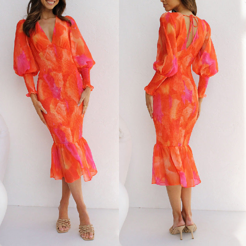 Orange V Neck Long Sleeves Dresses for Women