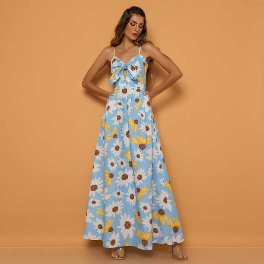 Women Summer High Waist Sunflower Long Maxi Dresses