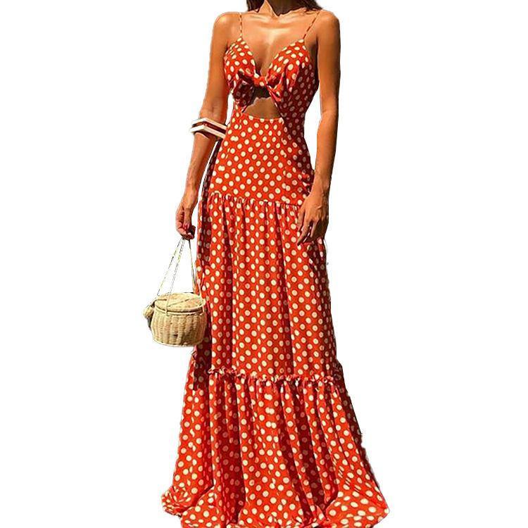Summer Beach Bohemia Dot Print Red Dresses-STYLEGOING