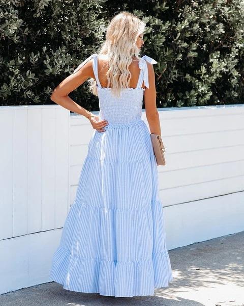 Sleeveless Straps Striped Long Dresses-STYLEGOING