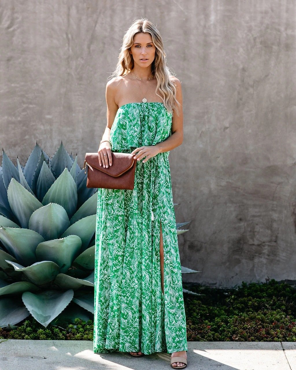 Green Leaf Print Strapless Ruffled Long Dresses-STYLEGOING