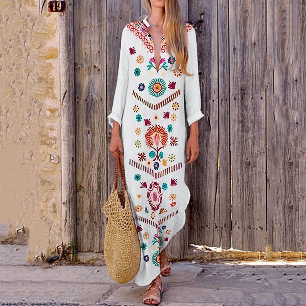 Bohemian Loose V Neck Long Dresses-STYLEGOING