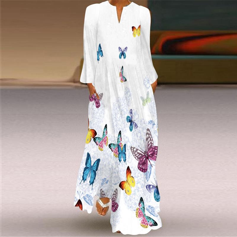 Women Long Sleeves Floral Print Fall Long Dresses-STYLEGOING