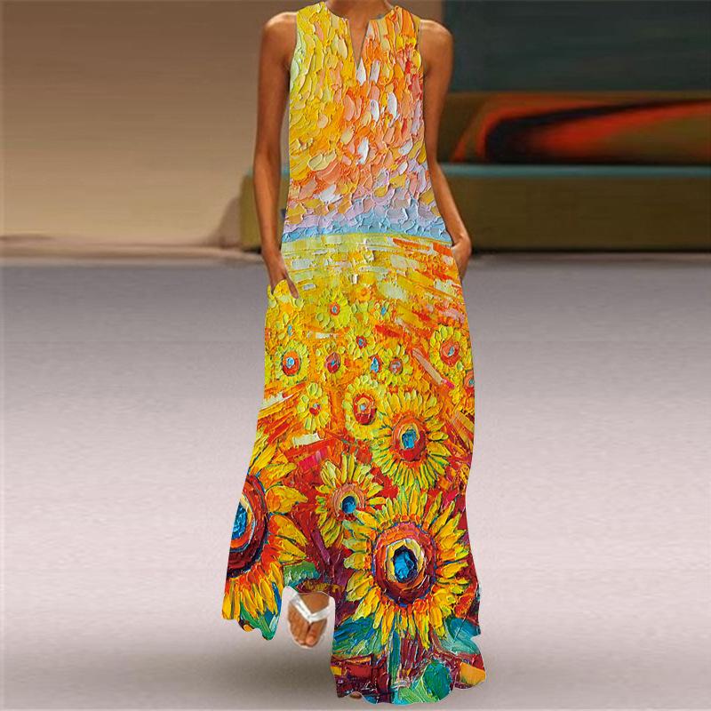 Plus Sizes Print Sleeveless Long Dresses-STYLEGOING