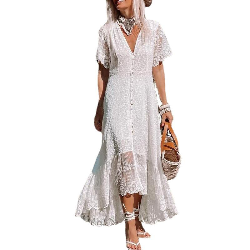 White V Neck Short Sleeves Dresses-STYLEGOING