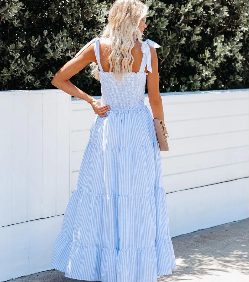 Sleeveless Straps Striped Long Dresses-STYLEGOING