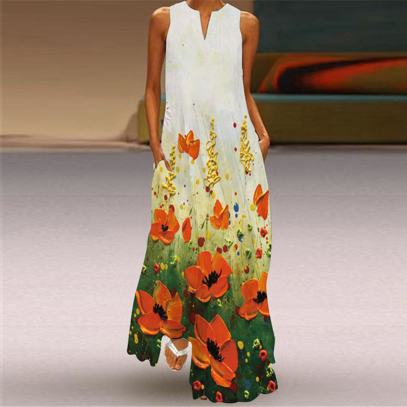 Summer Sunflower Boho Long Sleeveless Dresses