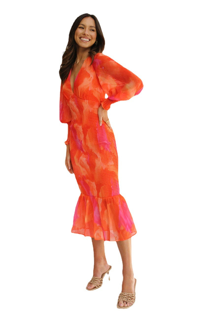 Orange V Neck Long Sleeves Dresses for Women