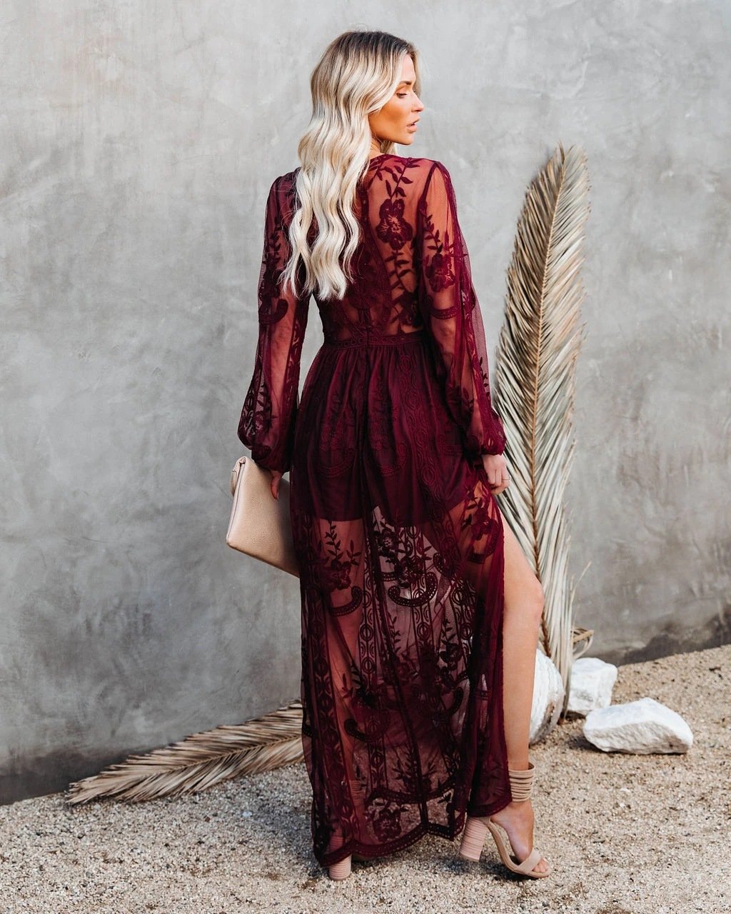 Lace Long Sleeves V Neck Long Dresses-STYLEGOING