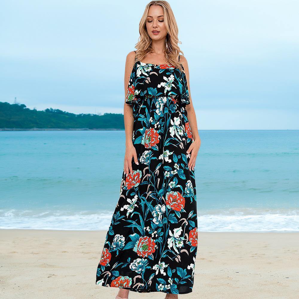 Little Foral Print Long Summer Beach Dresses-STYLEGOING