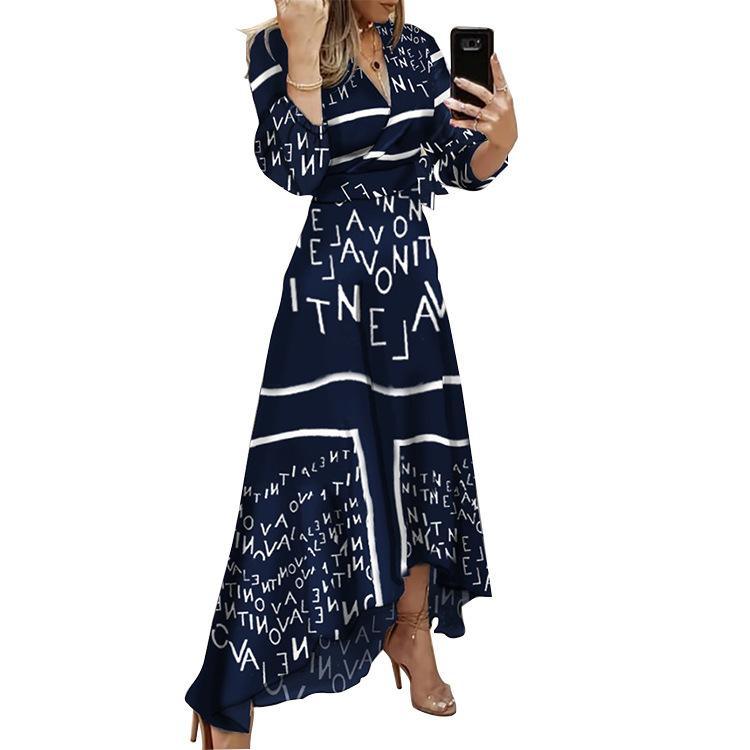 Women Letter Print Irregular Long Dresses-STYLEGOING