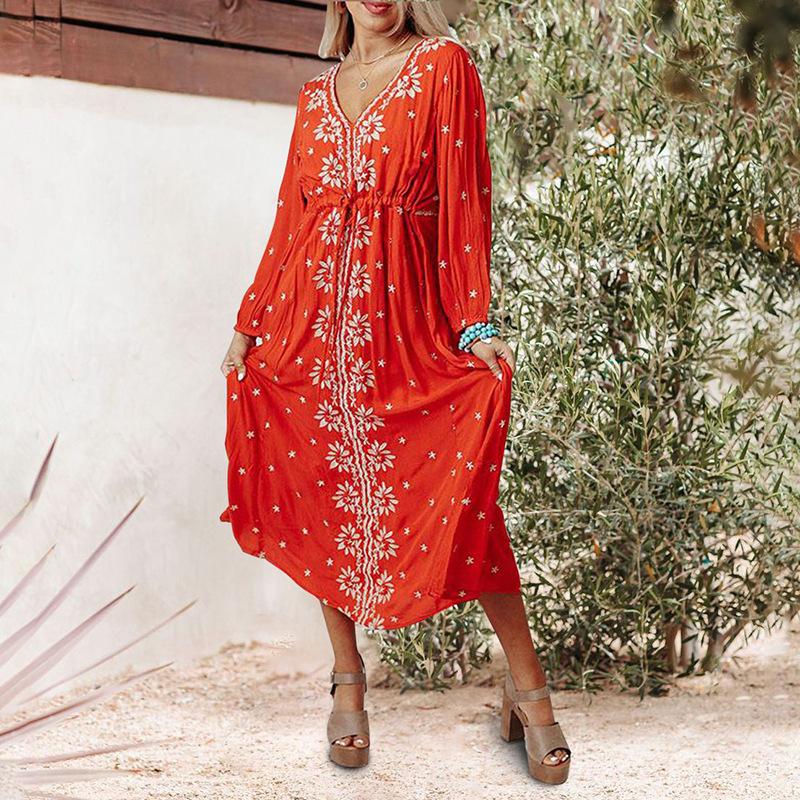 Red Long Sleeves Boho Midi Dresses-STYLEGOING