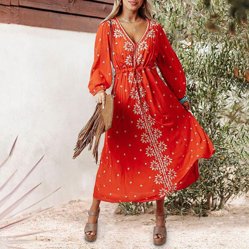 Red Long Sleeves Boho Midi Dresses-STYLEGOING