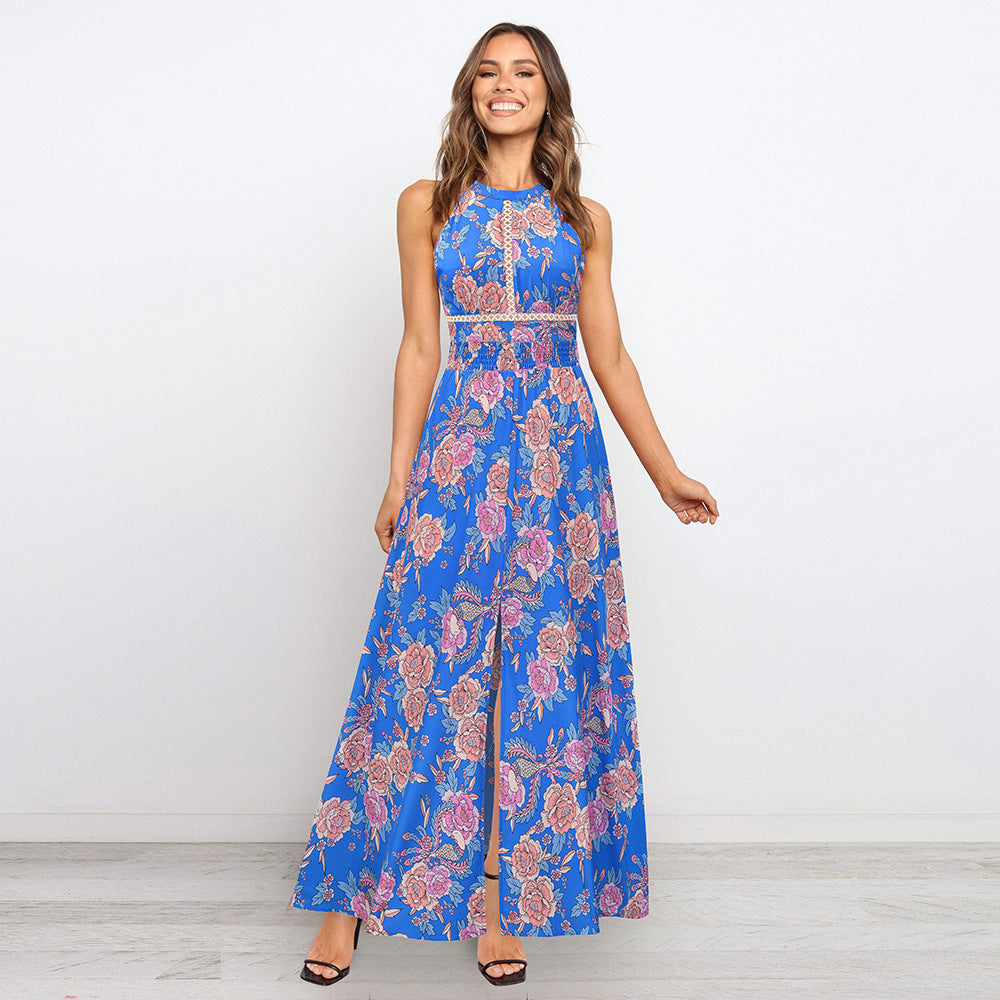 Sexy Halter Split Front Flowers Long Maxi Dresses