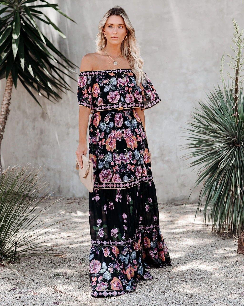 Summer Off The Shoudler Floral Print Long Dresses-STYLEGOING