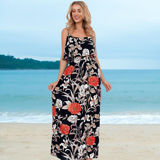 Little Foral Print Long Summer Beach Dresses-STYLEGOING