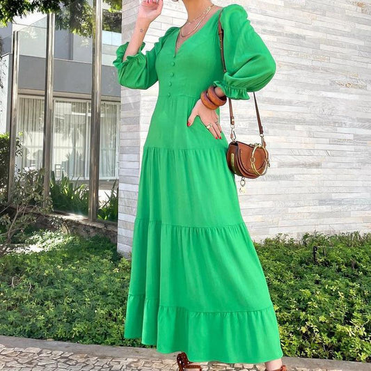 Women Long Sleeves V Neck Fall Long Dresses-STYLEGOING