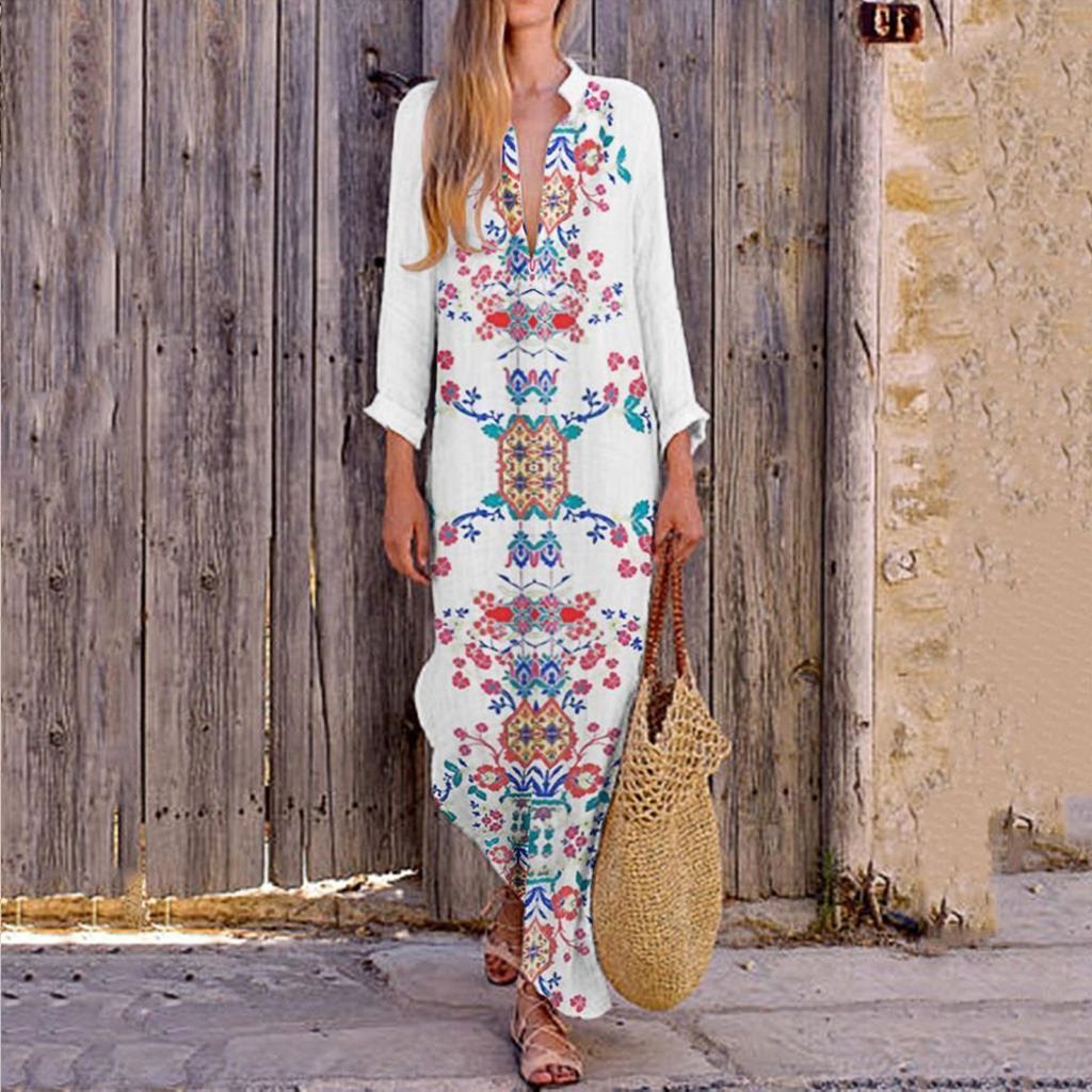 Bohemian Loose V Neck Long Dresses-STYLEGOING