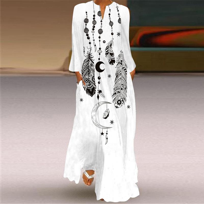 Plus Sizes Women Long Sleeves Print Fall Long Dresses-STYLEGOING