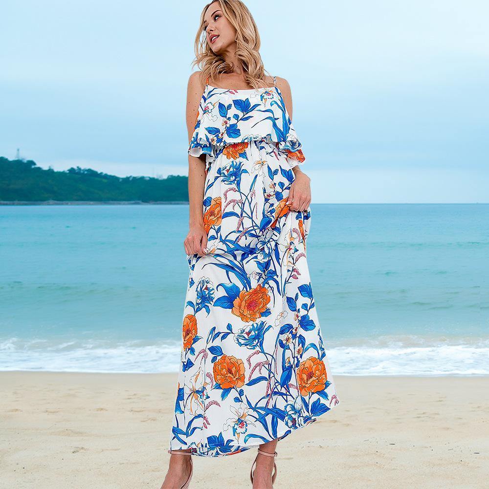 Little Foral Print Long Summer Beach Dresses-STYLEGOING