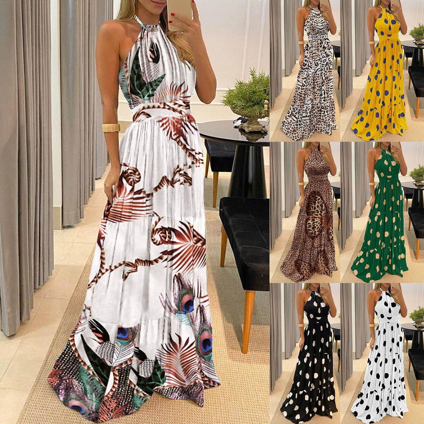 Fashion Floral Print Dot Long Maxi Dresses-STYLEGOING