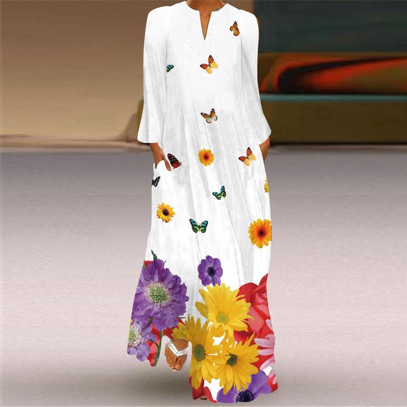 Plus Sizes Women Long Sleeves Print Fall Long Dresses-STYLEGOING