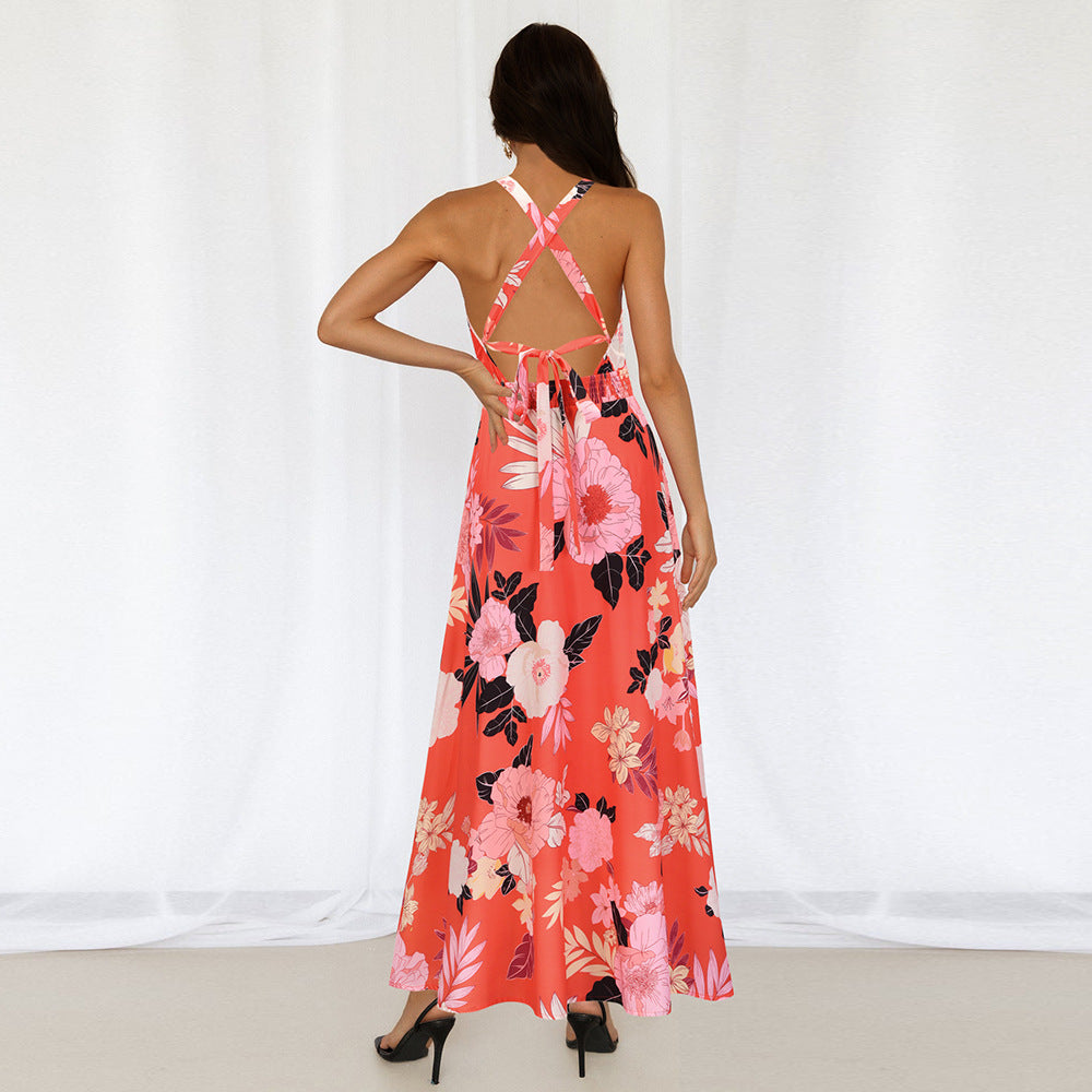 Sexy Halter Split Front Flowers Long Maxi Dresses