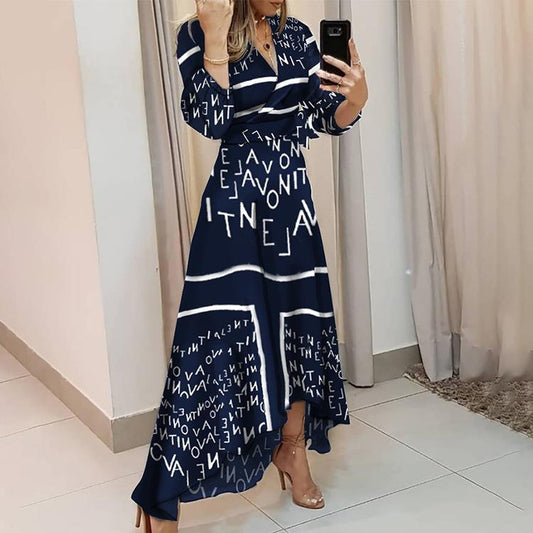 Women Letter Print Irregular Long Dresses-STYLEGOING