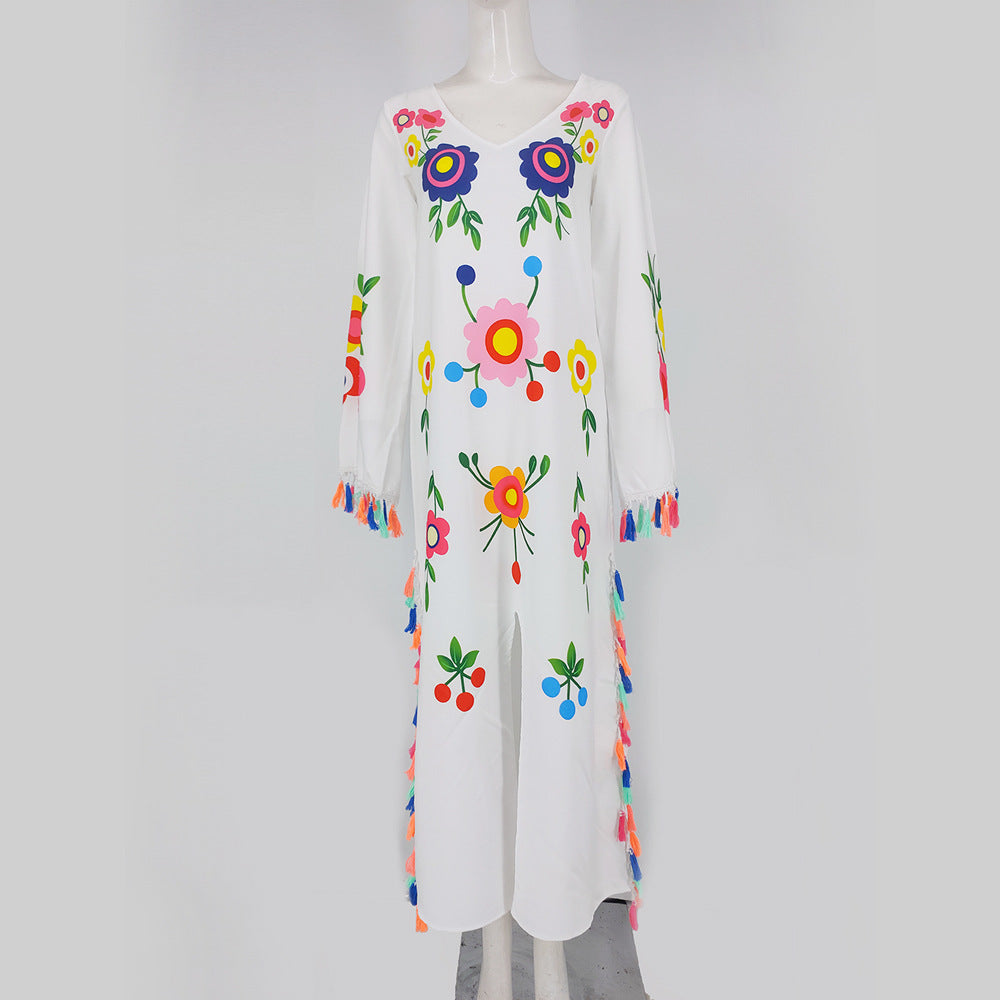White Floral Print Split Front Boho Long Dresses