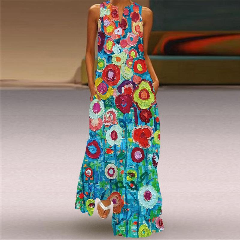 Plus Sizes Print Sleeveless Long Dresses-STYLEGOING