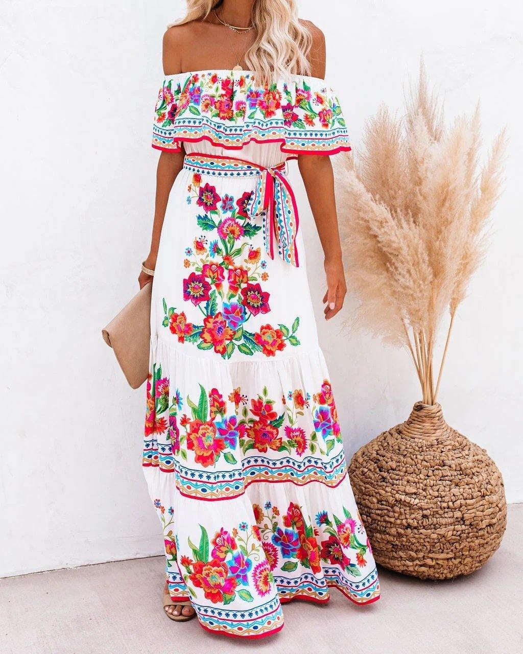 Summer Off The Shoudler Floral Print Long Dresses-STYLEGOING
