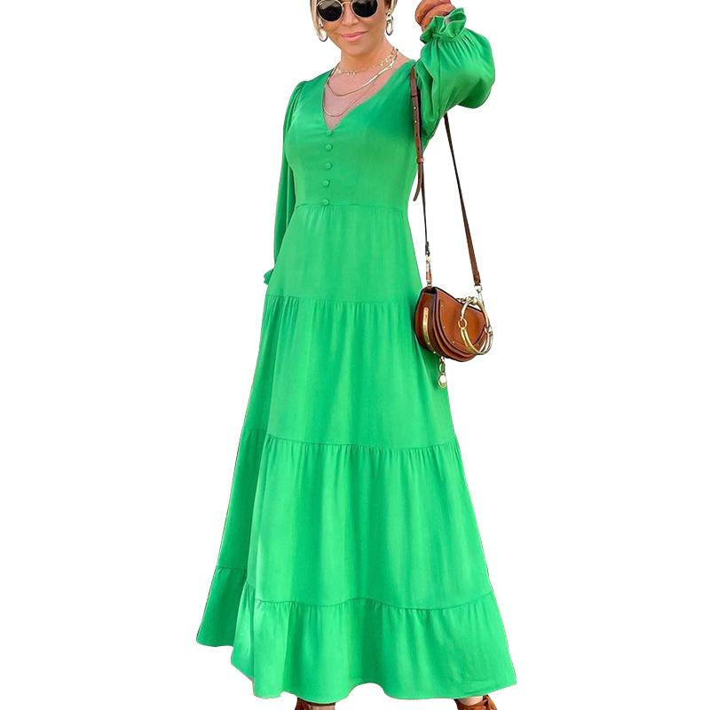 Women Long Sleeves V Neck Fall Long Dresses-STYLEGOING