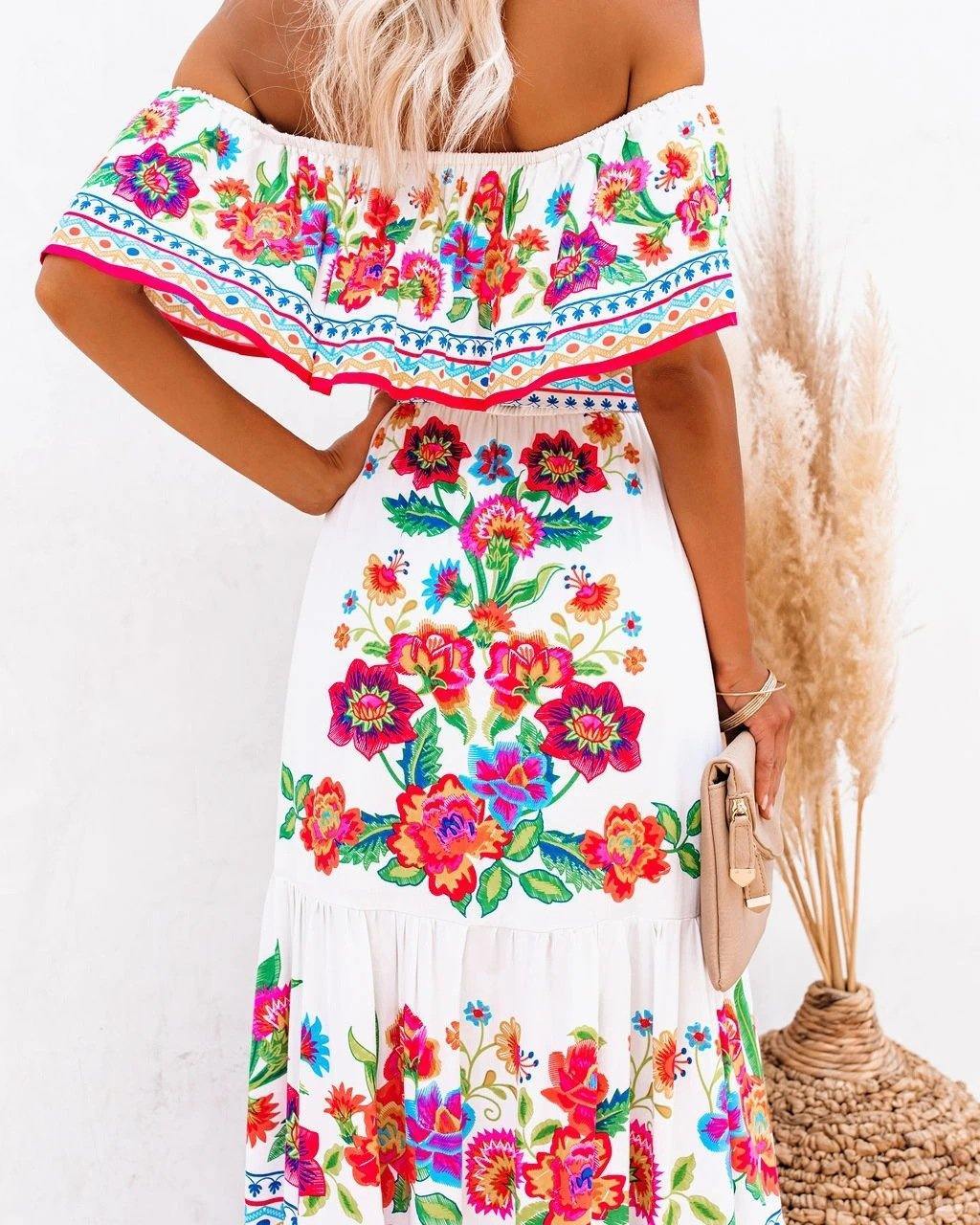 Summer Off The Shoudler Floral Print Long Dresses-STYLEGOING