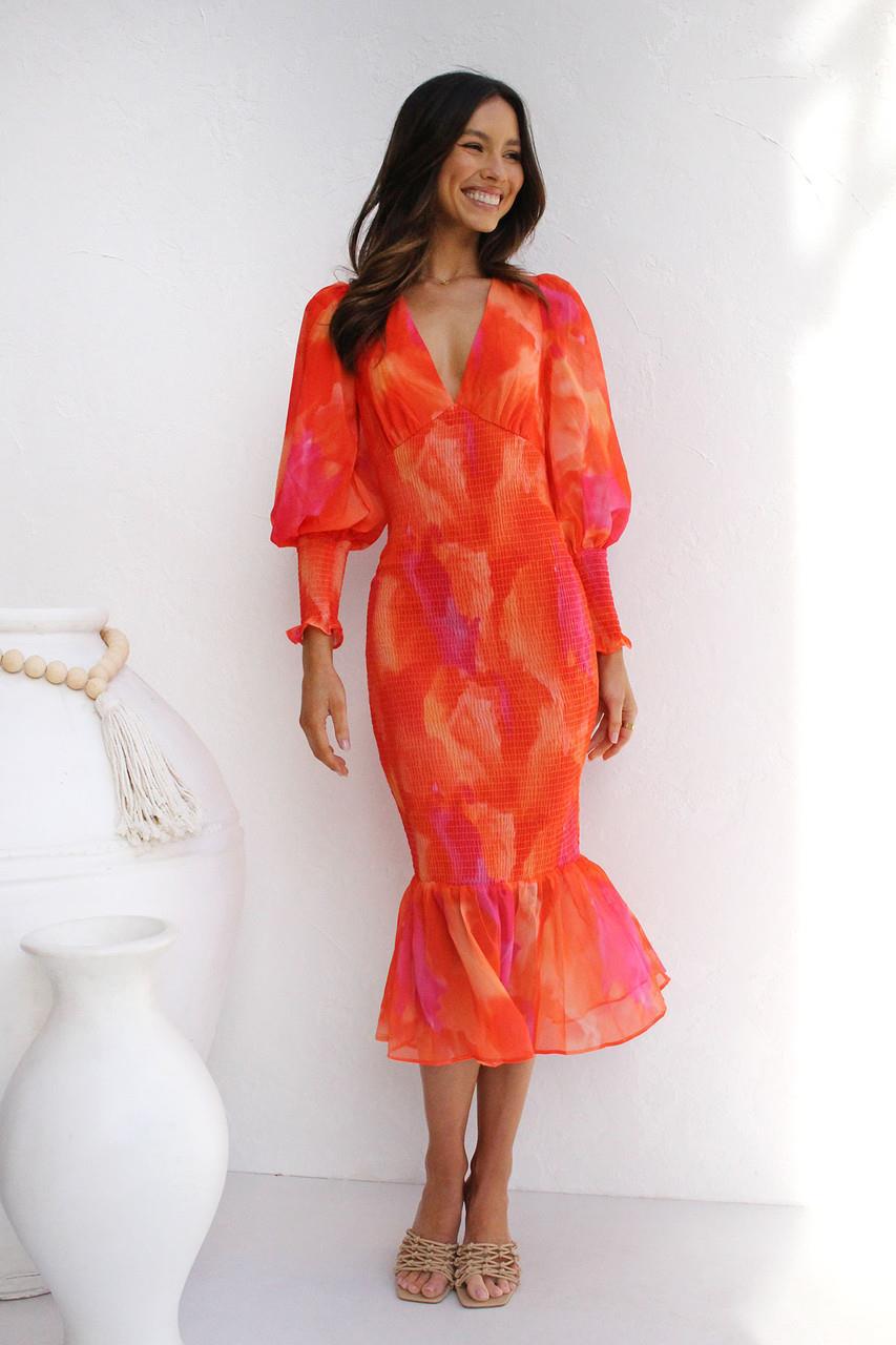 Orange V Neck Long Sleeves Dresses for Women