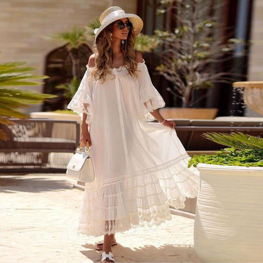 White Half Sleeves Off The Shoulder Long Dresses-STYLEGOING