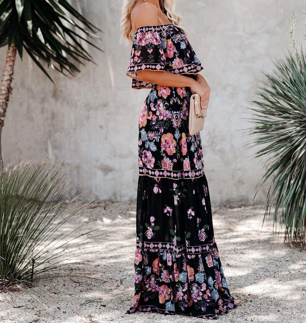 Summer Off The Shoudler Floral Print Long Dresses-STYLEGOING