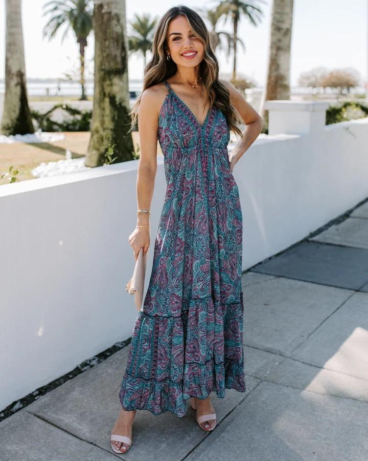 Summer V Neck Long Maxi Dresses-STYLEGOING