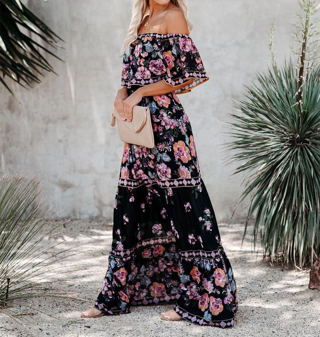 Summer Off The Shoudler Floral Print Long Dresses-STYLEGOING