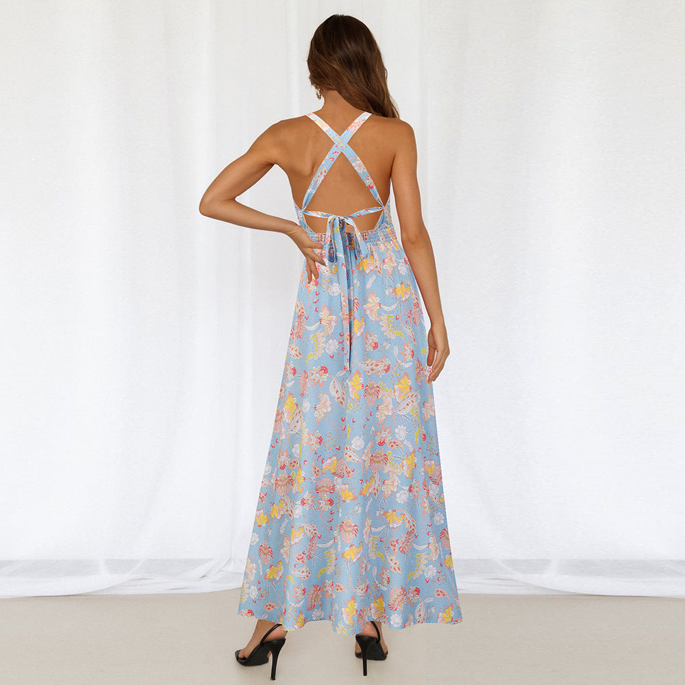 Sexy Halter Split Front Flowers Long Maxi Dresses