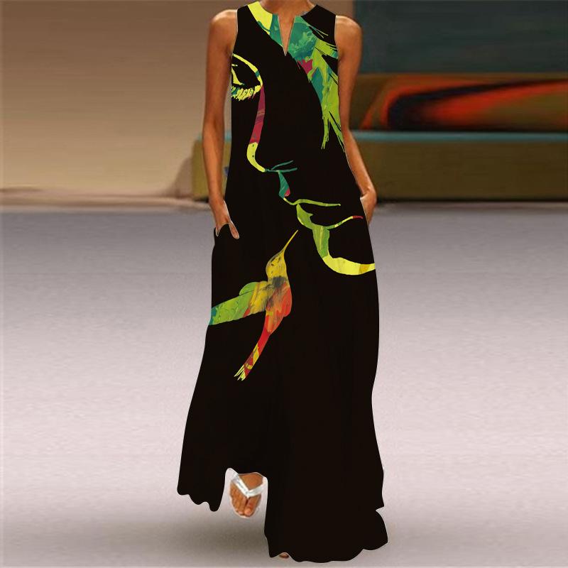 Fashion Women Face Print Loose Long Maxi Dresses-STYLEGOING